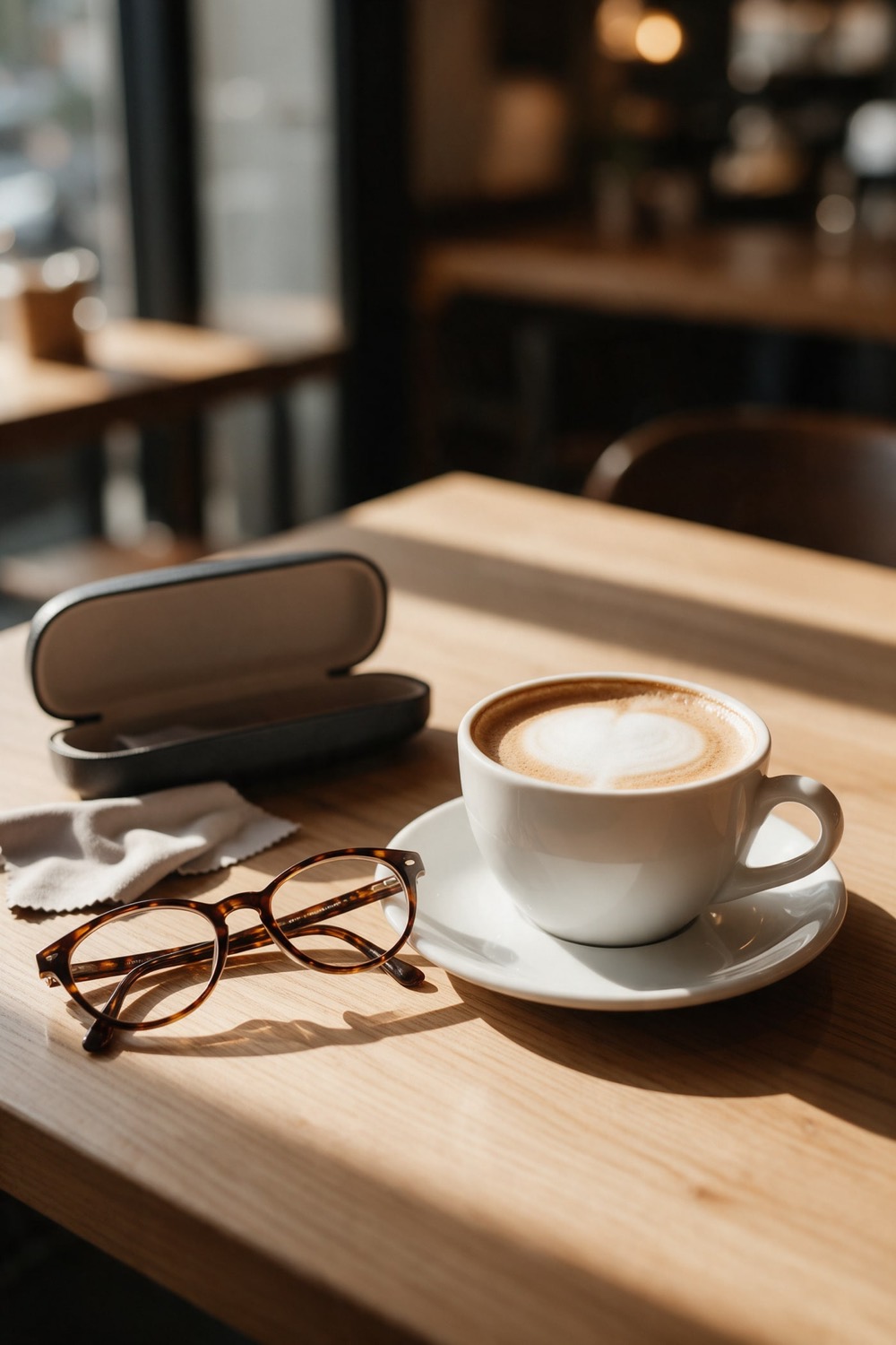 Xícara de café e óculos sobre uma mesa de madeira