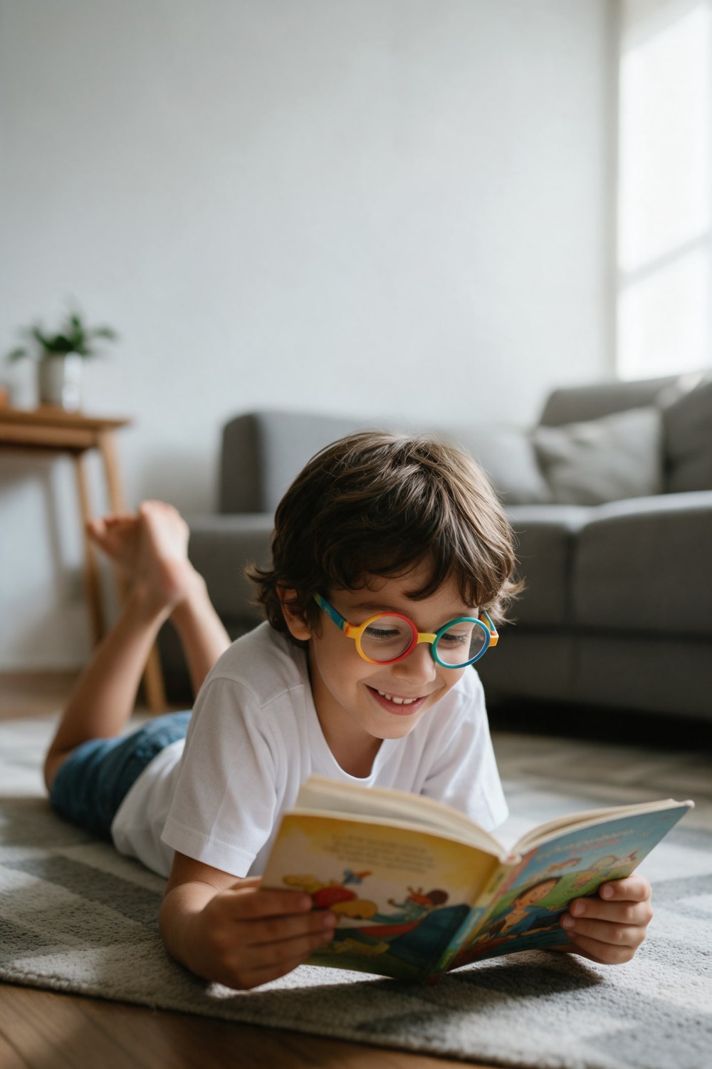 Criança de óculos coloridos lendo um livro deitada no tapete