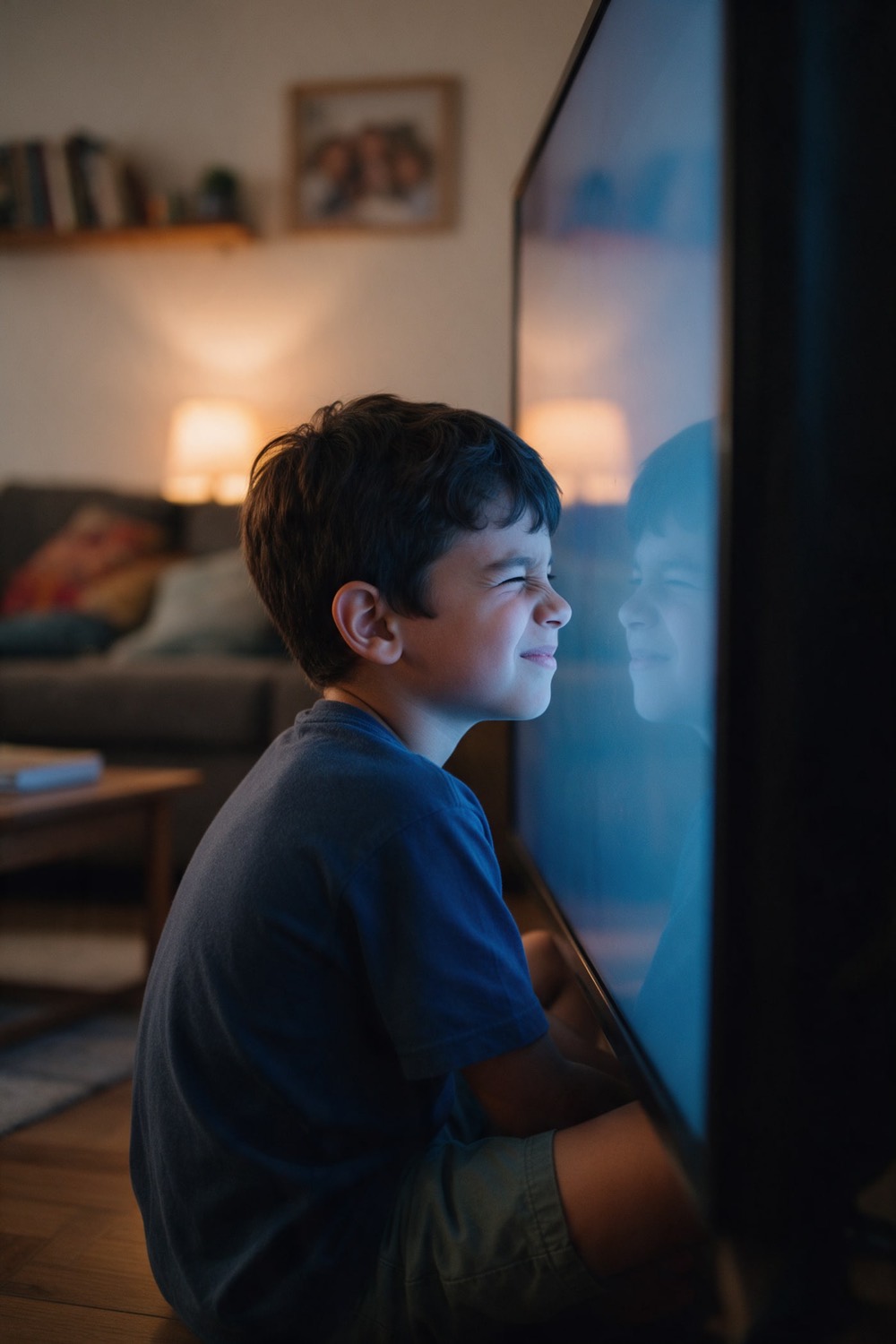 Menino sentado muito perto da televisão, apertando os olhos