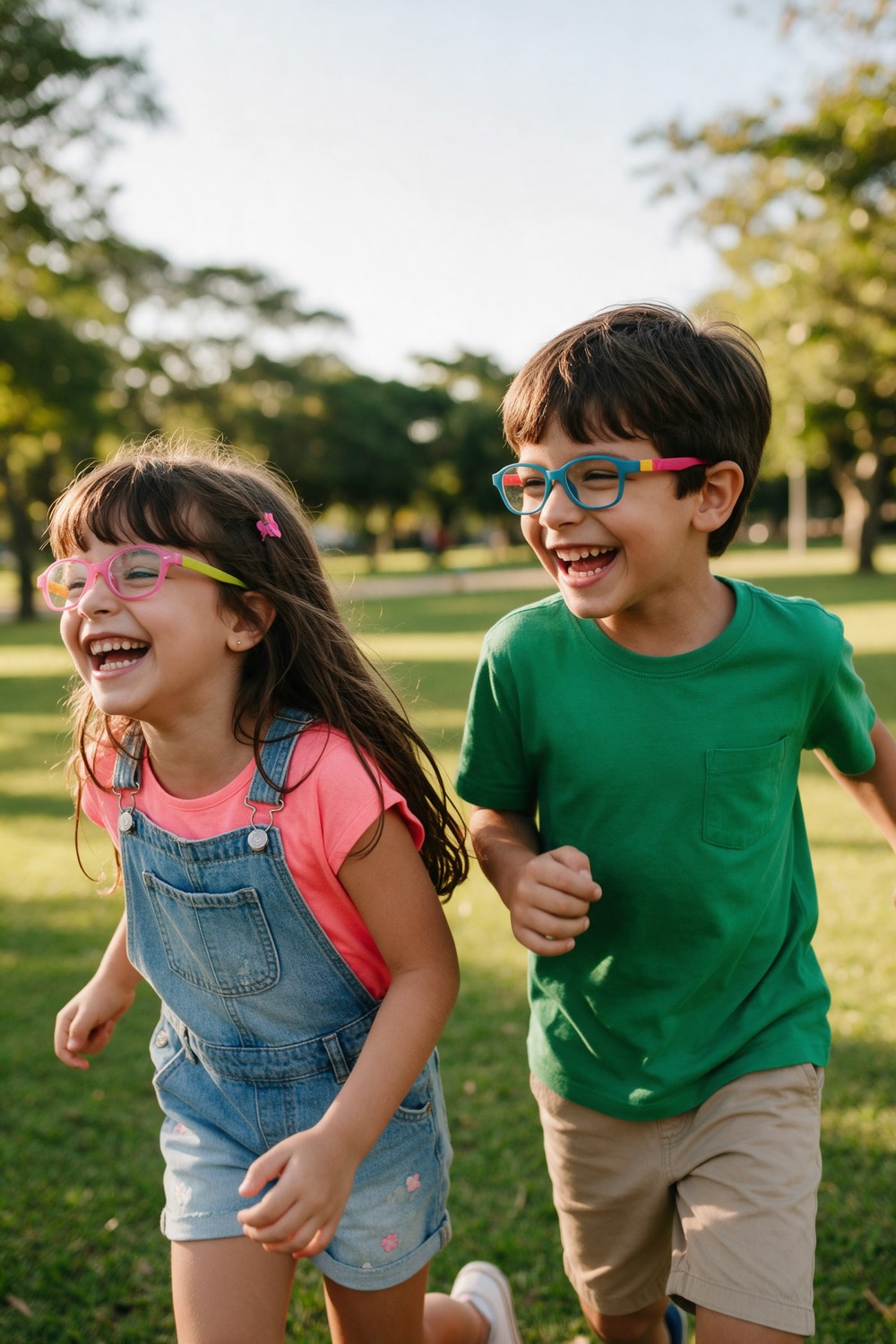 Duas crianças de óculos coloridos rindo e correndo em um parque
